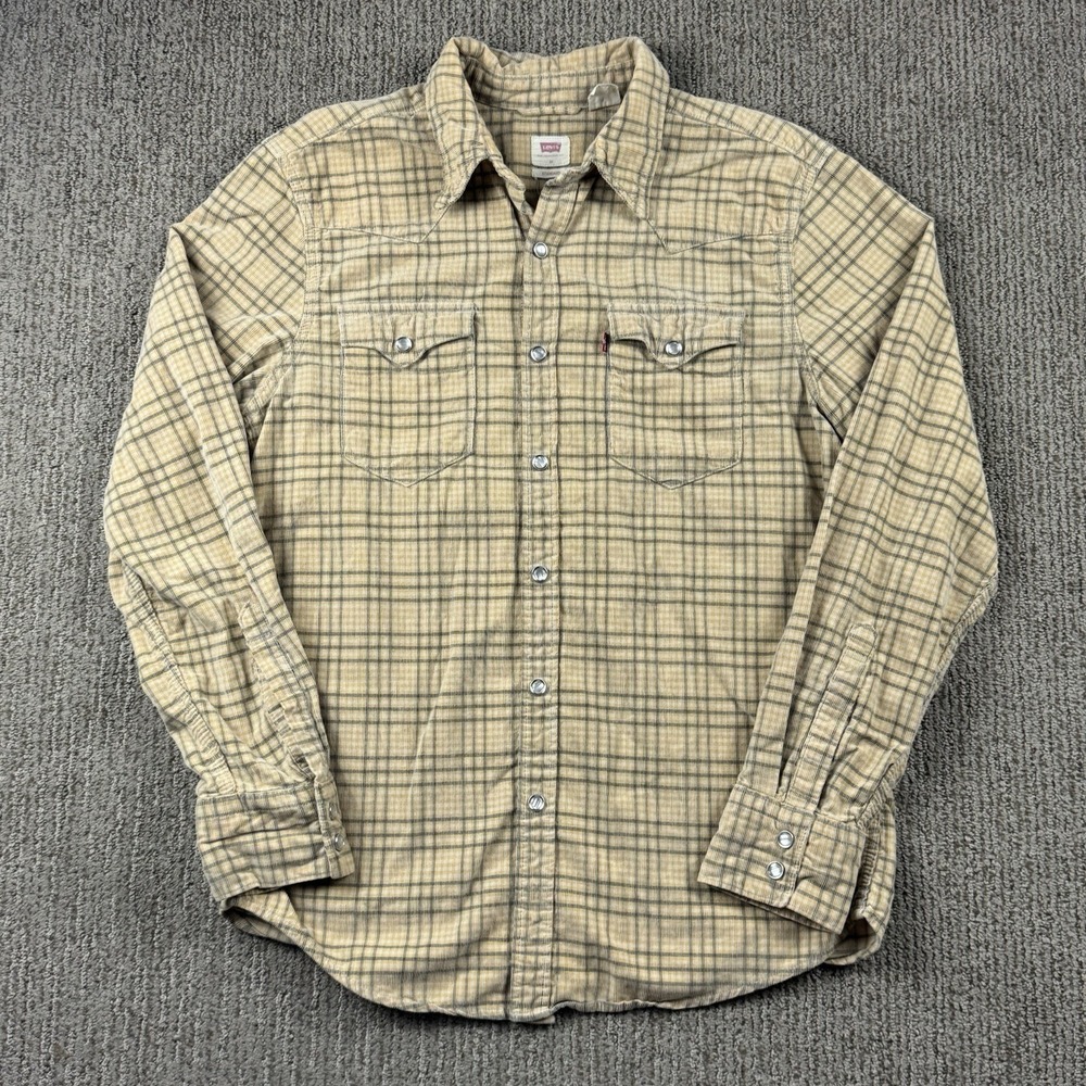 Levis Corduroy Pearl Snap Shirt Mens M Long Sleeve Yellow Grey Plaid
